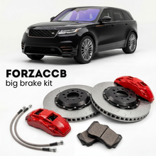 Black Land Rover Range Rover Velar (2017-2020) shown above a ForzaCCB iron rotor big brake kit with 2x red 6-piston front calipers, 2x two-piece floating ventilated brake discs 380 mm, set of brake pads, and brake lines.