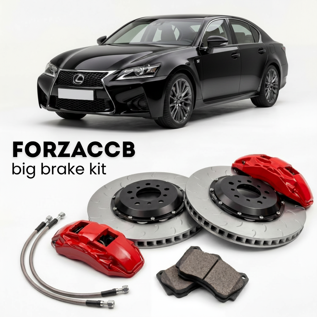 Black Lexus GS F URL10 (2016-2020) shown above a ForzaCCB iron rotor big brake kit with 2x red 6-piston front calipers, 2x two-piece floating ventilated brake discs 380 mm, set of brake pads, and brake lines.