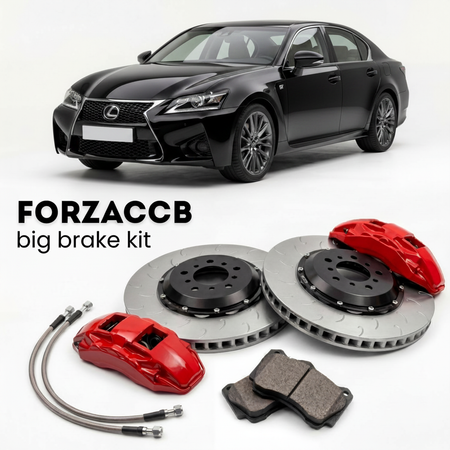 Black Lexus GS F URL10 (2016-2020) shown above a ForzaCCB iron rotor big brake kit with 2x red 6-piston front calipers, 2x two-piece floating ventilated brake discs 380 mm, set of brake pads, and brake lines.