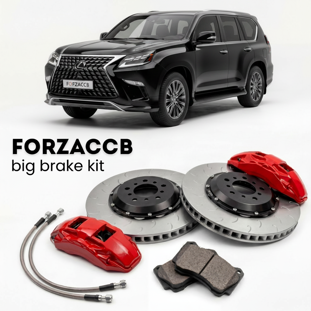 Black Lexus GX 550 J250 (2024+) shown above a ForzaCCB iron rotor big brake kit with 2x red 6-piston front calipers, 2x two-piece floating ventilated brake discs 380 mm, set of brake pads, and brake lines.