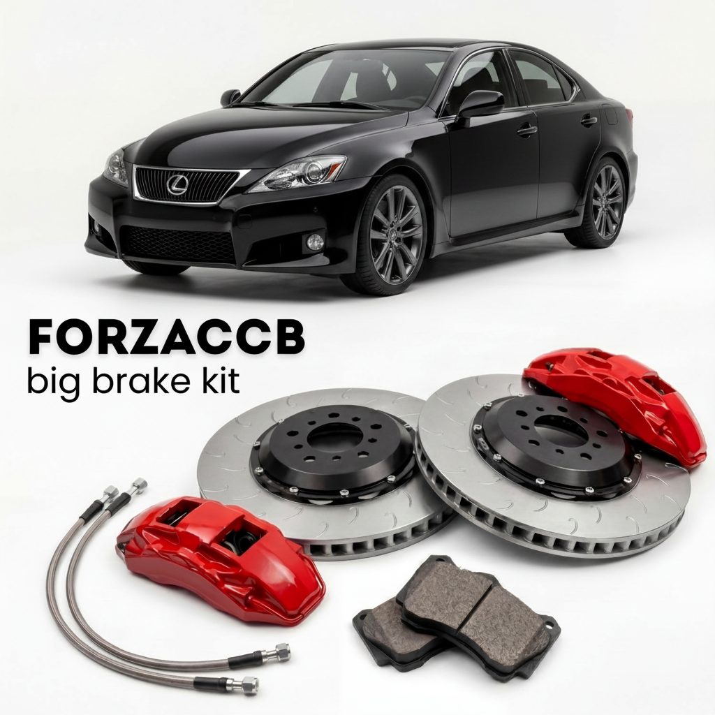 Black Lexus IS F USE20 (2008-2014) shown above a ForzaCCB iron rotor big brake kit with 2x red 6-piston front calipers, 2x two-piece floating ventilated brake discs 380 mm, set of brake pads, and brake lines.