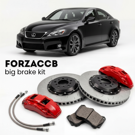 Black Lexus IS F USE20 (2008-2014) shown above a ForzaCCB iron rotor big brake kit with 2x red 6-piston front calipers, 2x two-piece floating ventilated brake discs 380 mm, set of brake pads, and brake lines.
