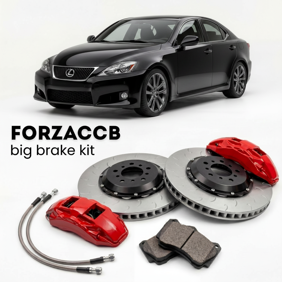 Black Lexus IS F USE20 (2008-2014) shown above a ForzaCCB iron rotor big brake kit with 2x red 6-piston front calipers, 2x two-piece floating ventilated brake discs 380 mm, set of brake pads, and brake lines.