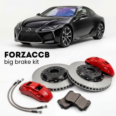 Black Lexus LC 500 Z100 (2017+) shown above a ForzaCCB iron rotor big brake kit with 2x red 6-piston front calipers, 2x two-piece floating ventilated brake discs 380 mm, set of brake pads, and brake lines.