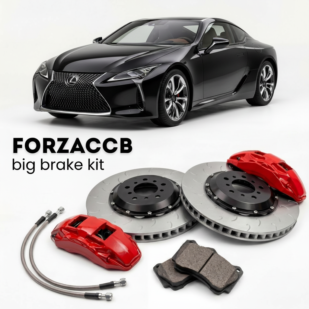 Black Lexus LC 500h Z100 (2017+) shown above a ForzaCCB iron rotor big brake kit with 2x red 6-piston front calipers, 2x two-piece floating ventilated brake discs 380 mm, set of brake pads, and brake lines.