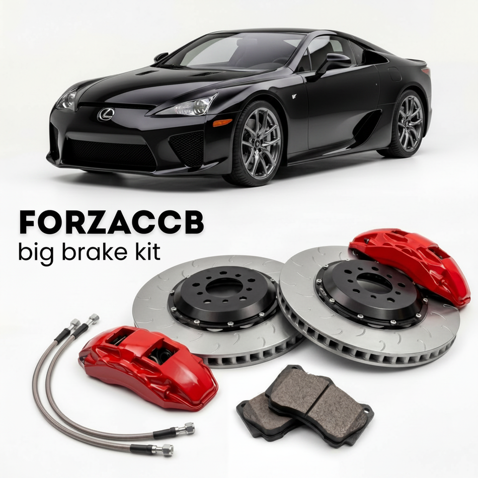 Black Lexus LFA LFA10 (2010-2012) shown above a ForzaCCB iron rotor big brake kit with 2x red 6-piston front calipers, 2x two-piece floating ventilated brake discs 380 mm, set of brake pads, and brake lines.
