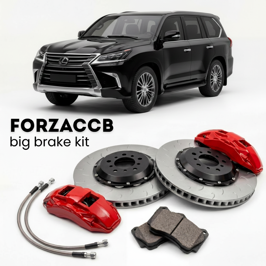 Black Lexus LX 570 URJ201 (2007-2021) shown above a ForzaCCB iron rotor big brake kit with 2x red 6-piston front calipers, 2x two-piece floating ventilated brake discs 380 mm, set of brake pads, and brake lines.