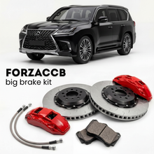 Black Lexus LX 600 VJA310 (2021+) shown above a ForzaCCB iron rotor big brake kit with 2x red 6-piston front calipers, 2x two-piece floating ventilated brake discs 380 mm, set of brake pads, and brake lines.
