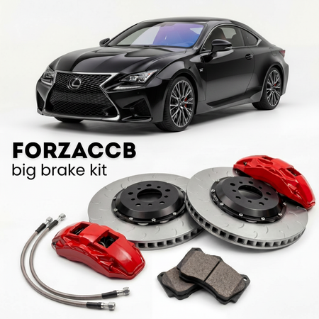 Black Lexus RC F USC10 (2015-2024) shown above a ForzaCCB iron rotor big brake kit with 2x red 6-piston front calipers, 2x two-piece floating ventilated brake discs 380 mm, set of brake pads, and brake lines.