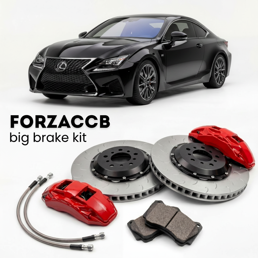Black Lexus RC F USC10 (2019+) shown above a ForzaCCB iron rotor big brake kit with 2x red 6-piston front calipers, 2x two-piece floating ventilated brake discs 380 mm, set of brake pads, and brake lines.