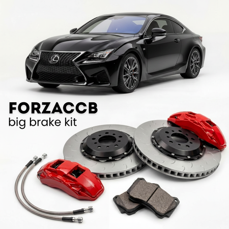 Black Lexus RC F USC10 (2019+) shown above a ForzaCCB iron rotor big brake kit with 2x red 6-piston front calipers, 2x two-piece floating ventilated brake discs 380 mm, set of brake pads, and brake lines.