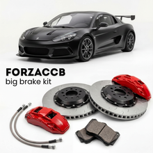 Black Ligier JS2 R (2018-2026) shown above a ForzaCCB iron rotor big brake kit with 2x red 6-piston front calipers, 2x two-piece floating ventilated brake discs 380 mm, set of brake pads, and brake lines.