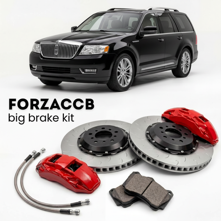 Black Lincoln Aviator I (2005-2005) shown above a ForzaCCB iron rotor big brake kit with 2x red 6-piston front calipers, 2x two-piece floating ventilated brake discs 380 mm, set of brake pads, and brake lines.