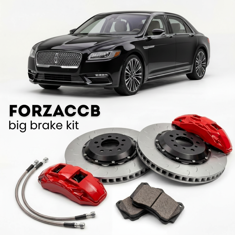 Black Lincoln Continental X (2016+) shown above a ForzaCCB iron rotor big brake kit with 2x red 6-piston front calipers, 2x two-piece floating ventilated brake discs 380 mm, set of brake pads, and brake lines.