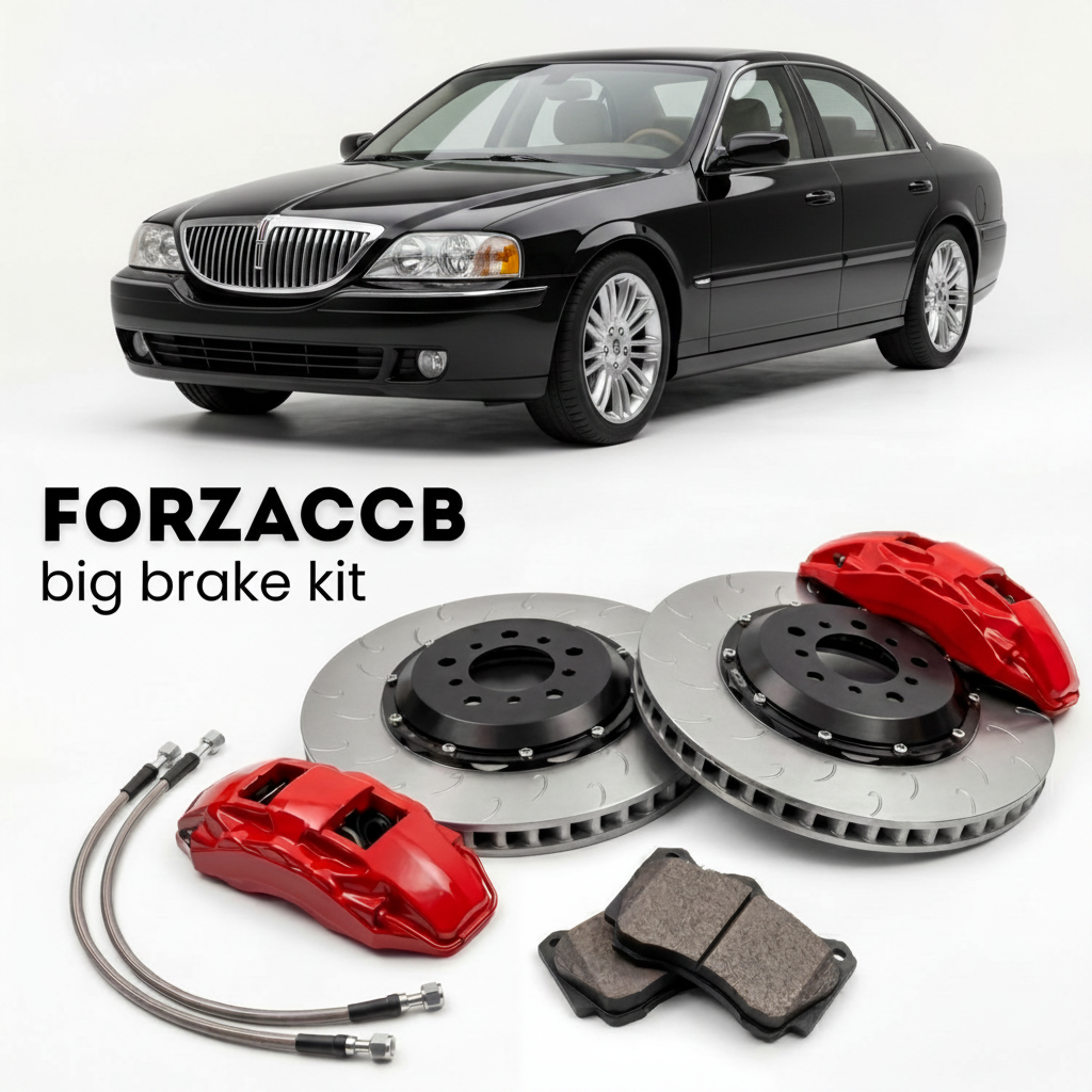 Black Lincoln LS (2005-2006) shown above a ForzaCCB iron rotor big brake kit with 2x red 6-piston front calipers, 2x two-piece floating ventilated brake discs 380 mm, set of brake pads, and brake lines.