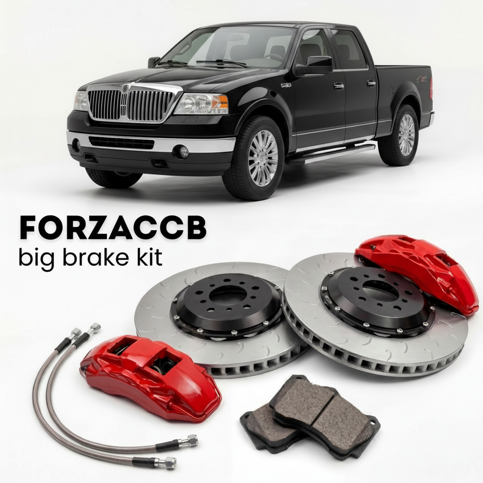 Black Lincoln Mark LT (2005-2006) shown above a ForzaCCB iron rotor big brake kit with 2x red 6-piston front calipers, 2x two-piece floating ventilated brake discs 380 mm, set of brake pads, and brake lines.