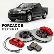 Black Lincoln Mark LT facelift 2006 (2006-2008) shown above a ForzaCCB iron rotor big brake kit with 2x red 6-piston front calipers, 2x two-piece floating ventilated brake discs 380 mm, set of brake pads, and brake lines.