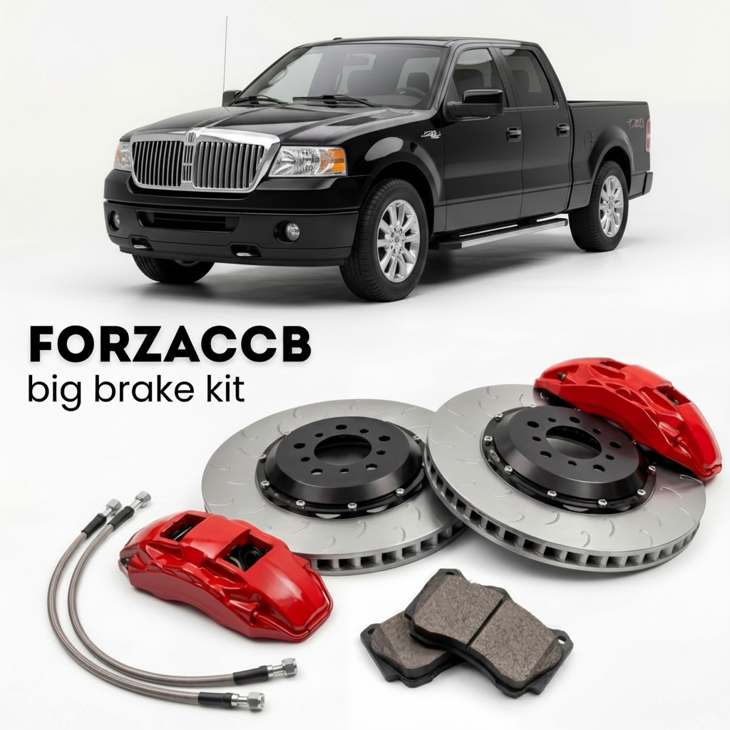 Black Lincoln Mark LT facelift 2006 (2006-2008) shown above a ForzaCCB iron rotor big brake kit with 2x red 6-piston front calipers, 2x two-piece floating ventilated brake discs 380 mm, set of brake pads, and brake lines.