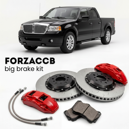 Black Lincoln Mark LT facelift 2006 (2006-2008) shown above a ForzaCCB iron rotor big brake kit with 2x red 6-piston front calipers, 2x two-piece floating ventilated brake discs 380 mm, set of brake pads, and brake lines.