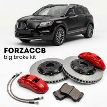 Black Lincoln MKC (2014-2017) shown above a ForzaCCB iron rotor big brake kit with 2x red 6-piston front calipers, 2x two-piece floating ventilated brake discs 380 mm, set of brake pads, and brake lines.