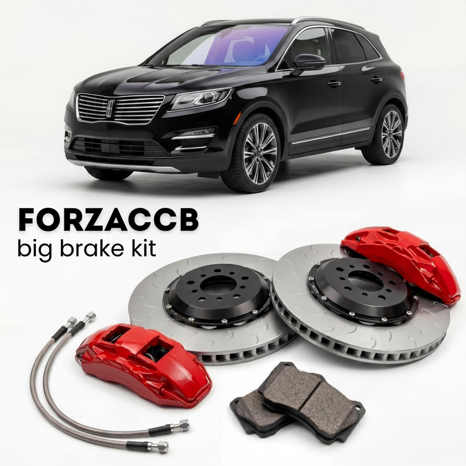 Black Lincoln MKC facelift 2019 (2018+) shown above a ForzaCCB iron rotor big brake kit with 2x red 6-piston front calipers, 2x two-piece floating ventilated brake discs 380 mm, set of brake pads, and brake lines.