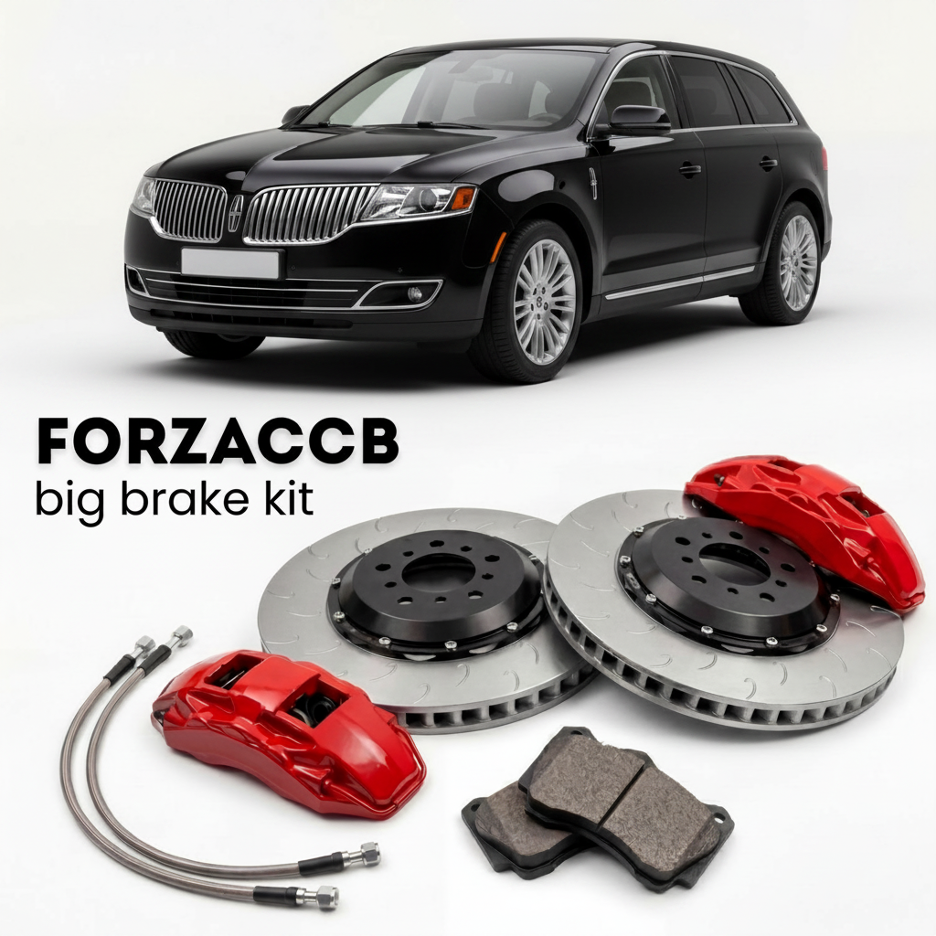 Black Lincoln MKT I (2009-2012) shown above a ForzaCCB iron rotor big brake kit with 2x red 6-piston front calipers, 2x two-piece floating ventilated brake discs 380 mm, set of brake pads, and brake lines.