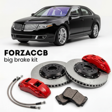 Black Lincoln MKZ I (2006-2009) shown above a ForzaCCB iron rotor big brake kit with 2x red 6-piston front calipers, 2x two-piece floating ventilated brake discs 380 mm, set of brake pads, and brake lines.