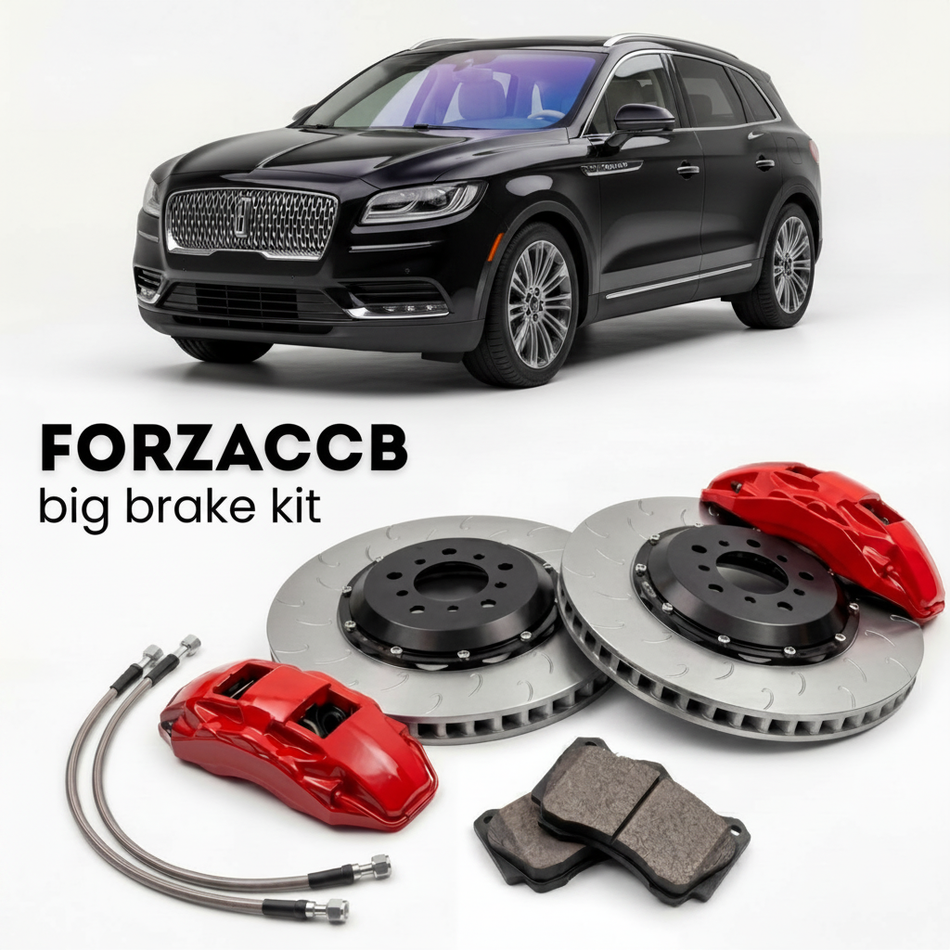 Black Lincoln Nautilus I (2018-2020) shown above a ForzaCCB iron rotor big brake kit with 2x red 6-piston front calipers, 2x two-piece floating ventilated brake discs 380 mm, set of brake pads, and brake lines.