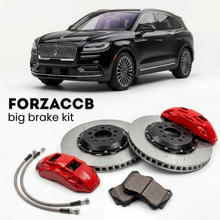 Black Lincoln Nautilus II (2023+) shown above a ForzaCCB iron rotor big brake kit with 2x red 6-piston front calipers, 2x two-piece floating ventilated brake discs 380 mm, set of brake pads, and brake lines.