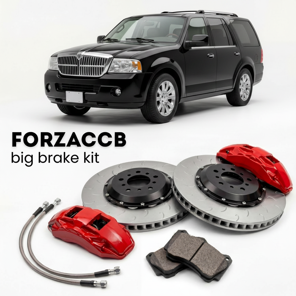 Black Lincoln Navigator II (2005-2006) shown above a ForzaCCB iron rotor big brake kit with 2x red 6-piston front calipers, 2x two-piece floating ventilated brake discs 380 mm, set of brake pads, and brake lines.