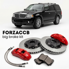 Black Lincoln Navigator III (2006-2014) shown above a ForzaCCB iron rotor big brake kit with 2x red 6-piston front calipers, 2x two-piece floating ventilated brake discs 380 mm, set of brake pads, and brake lines.