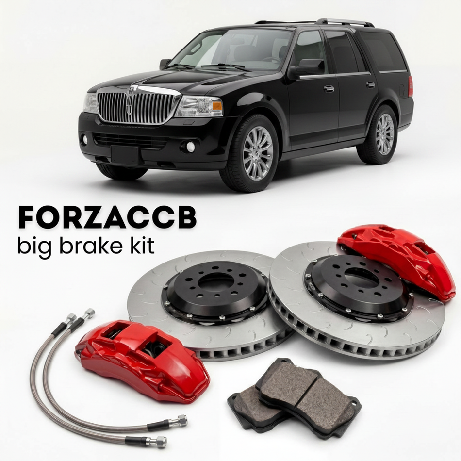Black Lincoln Navigator III (2006-2014) shown above a ForzaCCB iron rotor big brake kit with 2x red 6-piston front calipers, 2x two-piece floating ventilated brake discs 380 mm, set of brake pads, and brake lines.
