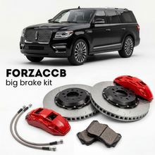 Black Lincoln Navigator facelift 2015) (2014-2017 (III) shown above a ForzaCCB iron rotor big brake kit with 2x red 6-piston front calipers, 2x two-piece floating ventilated brake discs 380 mm, set of brake pads, and brake lines.