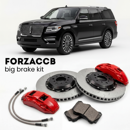 Black Lincoln Navigator facelift 2015) (2014-2017 (III) shown above a ForzaCCB iron rotor big brake kit with 2x red 6-piston front calipers, 2x two-piece floating ventilated brake discs 380 mm, set of brake pads, and brake lines.