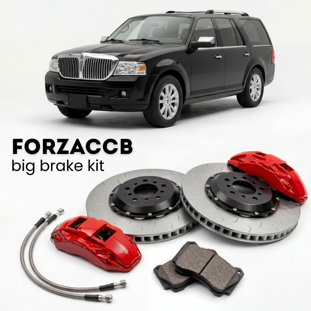 Black Lincoln Navigator III L (2006-2014) shown above a ForzaCCB iron rotor big brake kit with 2x red 6-piston front calipers, 2x two-piece floating ventilated brake discs 380 mm, set of brake pads, and brake lines.