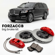 Black Lincoln Navigator facelift 2015) (2014-2017 (III L) shown above a ForzaCCB iron rotor big brake kit with 2x red 6-piston front calipers, 2x two-piece floating ventilated brake discs 380 mm, set of brake pads, and brake lines.