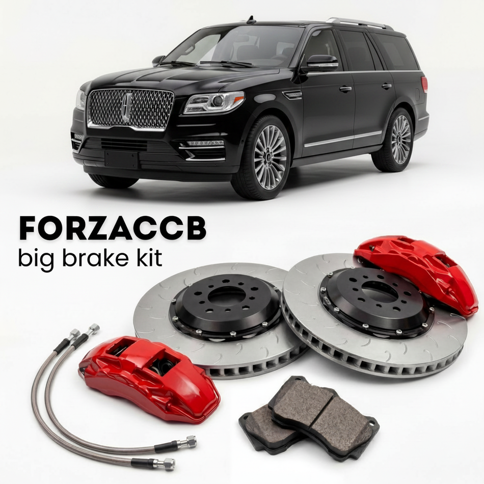 Black Lincoln Navigator facelift 2015) (2014-2017 (III L) shown above a ForzaCCB iron rotor big brake kit with 2x red 6-piston front calipers, 2x two-piece floating ventilated brake discs 380 mm, set of brake pads, and brake lines.
