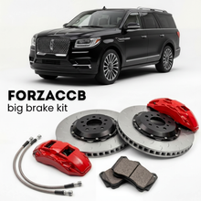 Black Lincoln Navigator IV (2017-2021) shown above a ForzaCCB iron rotor big brake kit with 2x red 6-piston front calipers, 2x two-piece floating ventilated brake discs 380 mm, set of brake pads, and brake lines.