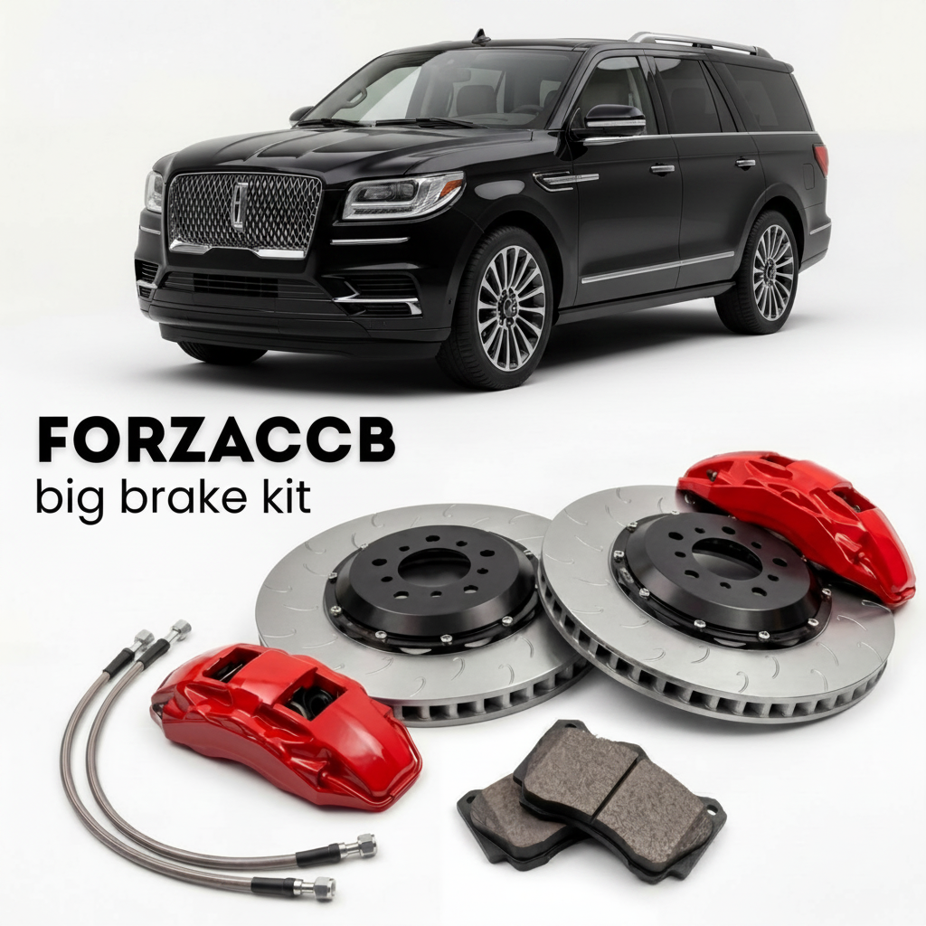 Black Lincoln Navigator IV (2017-2021) shown above a ForzaCCB iron rotor big brake kit with 2x red 6-piston front calipers, 2x two-piece floating ventilated brake discs 380 mm, set of brake pads, and brake lines.