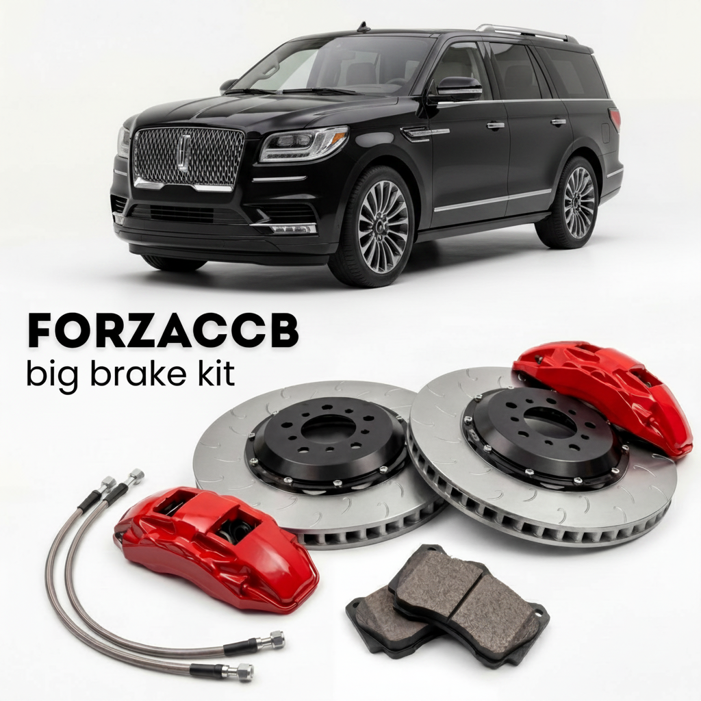 Black Lincoln Navigator facelift 2021) (2021-2024 (IV L) shown above a ForzaCCB iron rotor big brake kit with 2x red 6-piston front calipers, 2x two-piece floating ventilated brake discs 380 mm, set of brake pads, and brake lines.