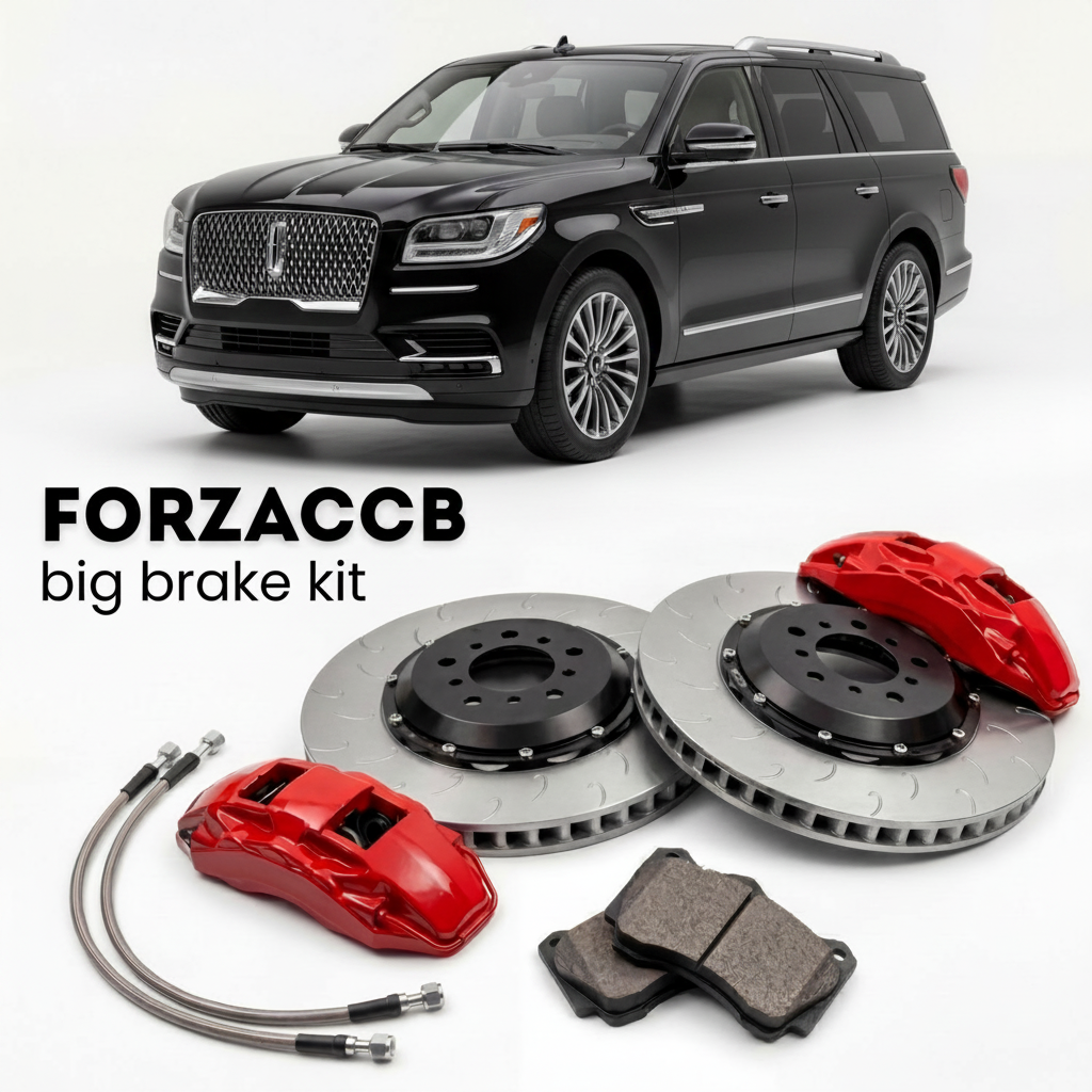 Black Lincoln Navigator V (2024+) shown above a ForzaCCB iron rotor big brake kit with 2x red 6-piston front calipers, 2x two-piece floating ventilated brake discs 380 mm, set of brake pads, and brake lines.