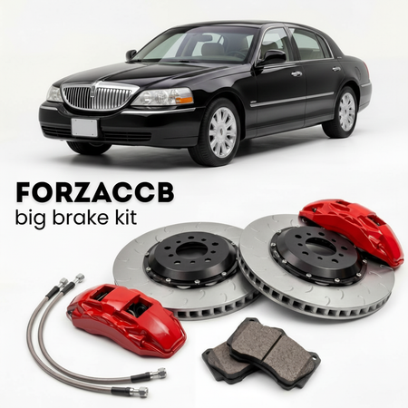Black Lincoln Town Car FN145) (2005-2011 (III) shown above a ForzaCCB iron rotor big brake kit with 2x red 6-piston front calipers, 2x two-piece floating ventilated brake discs 380 mm, set of brake pads, and brake lines.