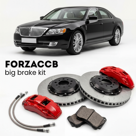 Black Lincoln Zephyr (2006-2012) shown above a ForzaCCB iron rotor big brake kit with 2x red 6-piston front calipers, 2x two-piece floating ventilated brake discs 380 mm, set of brake pads, and brake lines.