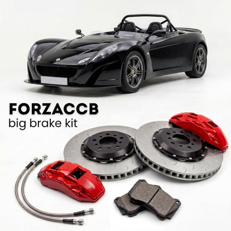 Black Lotus 2-Eleven (2007-2011) shown above a ForzaCCB iron rotor big brake kit with 2x red 6-piston front calipers, 2x two-piece floating ventilated brake discs 380 mm, set of brake pads, and brake lines.