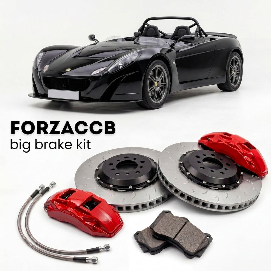 Black Lotus 2-Eleven (2007-2011) shown above a ForzaCCB iron rotor big brake kit with 2x red 6-piston front calipers, 2x two-piece floating ventilated brake discs 380 mm, set of brake pads, and brake lines.