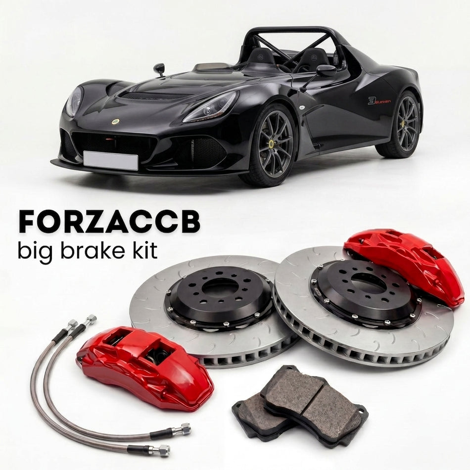 Black Lotus 3-Eleven (2015-2018) shown above a ForzaCCB iron rotor big brake kit with 2x red 6-piston front calipers, 2x two-piece floating ventilated brake discs 380 mm, set of brake pads, and brake lines.