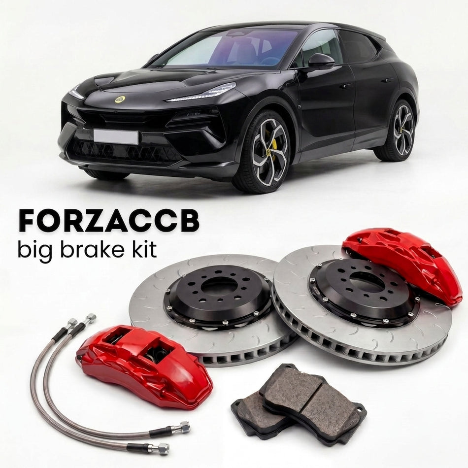 Black Lotus Eletre Type 132 (2023+) shown above a ForzaCCB iron rotor big brake kit with 2x red 6-piston front calipers, 2x two-piece floating ventilated brake discs 380 mm, set of brake pads, and brake lines.