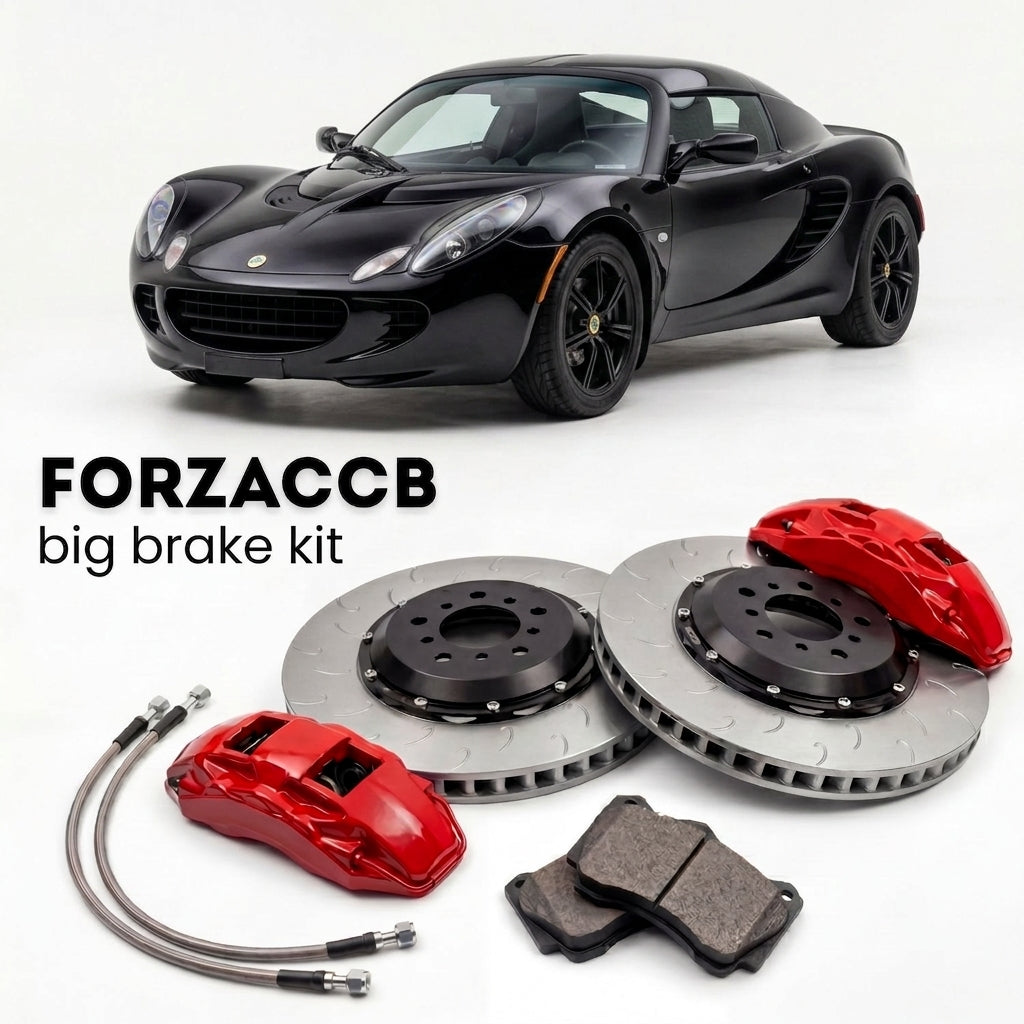 Black Lotus Elise S2; Type 111 (2005-2010) shown above a ForzaCCB iron rotor big brake kit with 2x red 6-piston front calipers, 2x two-piece floating ventilated brake discs 380 mm, set of brake pads, and brake lines.