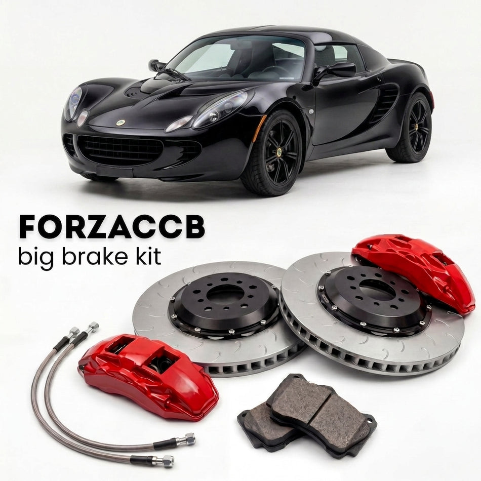 Black Lotus Elise S2; Type 111 (2005-2010) shown above a ForzaCCB iron rotor big brake kit with 2x red 6-piston front calipers, 2x two-piece floating ventilated brake discs 380 mm, set of brake pads, and brake lines.