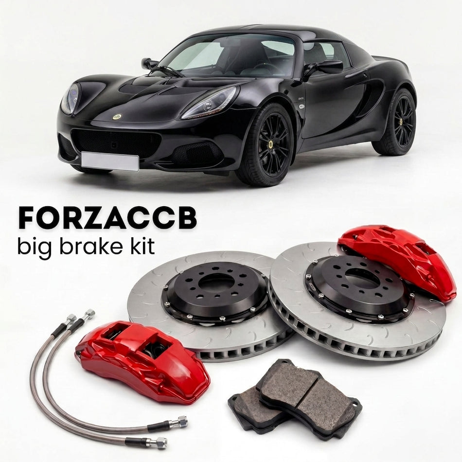 Black Lotus Elise S3; Type 111/121 (2011-2021) shown above a ForzaCCB iron rotor big brake kit with 2x red 6-piston front calipers, 2x two-piece floating ventilated brake discs 380 mm, set of brake pads, and brake lines.